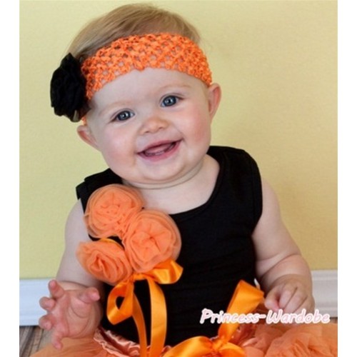 Black Tank Top with Bunch of Orange Rosettes and Orange Bow TB87 